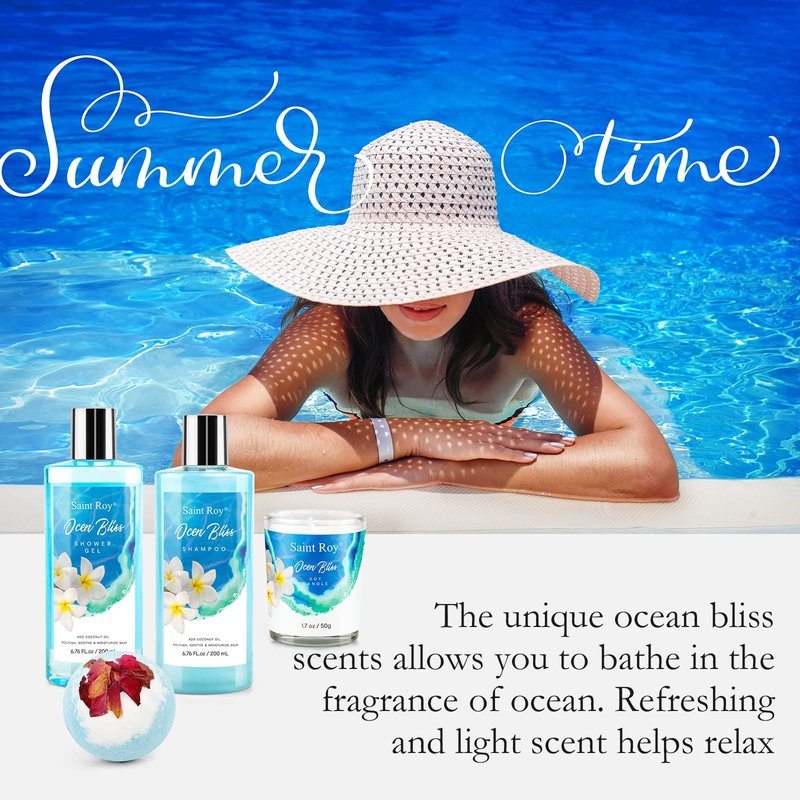 Father's Day Gifts for Women & Men Bath & Body Gift Set, Bath Basket Spa kit Gifts for Her Him Birthday Gift, Self-care Home Spa Kit, 8pcs Christmas Gift for Women Ocean Vanilla, Spa Gift Baskets