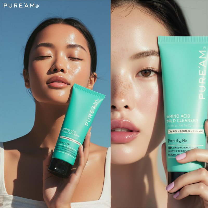 PURE'AM - Gentle Face Wash with Amino Acids, Salicylic Acid - 4.05 Fl.oz, 120ml - Korean Face Cleanser - Clarifying, Foaming, Deep Pore Cleaning, pH Balancing, Oil Control - Authentic Korean Skin Care