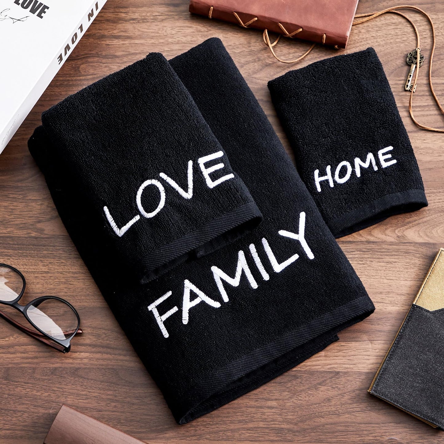 Peryiter 6 Pack Cotton Black Farmhouse Decorative Bath Towels Set, Soft and Absorbent, Contains 2 Bath Cloth, 2 Hand Cloth and 2 Washcloths