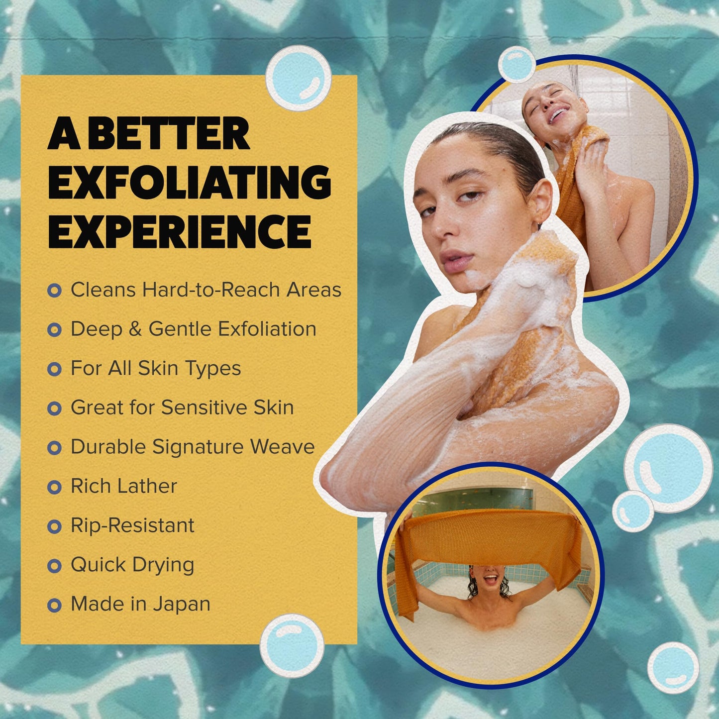 GOSHI Exfoliating Shower Towel - Long Body Scrubber for Back Acne, KP & Smooth Skin - Durable Rip-Resistant Weave, Quick-Dry Nylon Washcloth - Ethically Crafted in Gunma, Japan - Orange