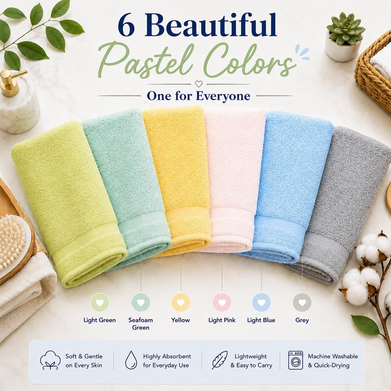 Groko Textiles Small and Lightweight Cotton Towels Assorted Pastel Mix 24 x 40 inches Towels (6) Perfect Size for Hair Drying and Small Children