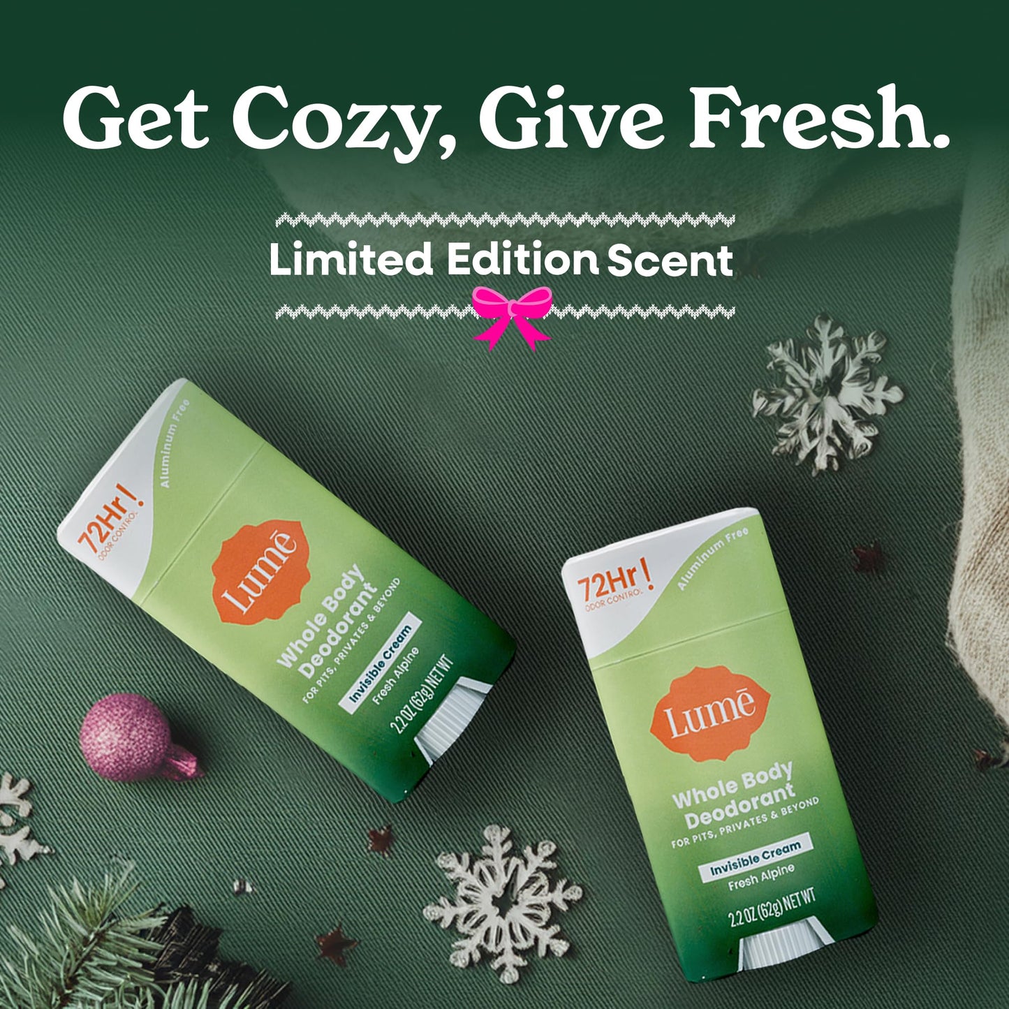 Lume Whole Body Deodorant - Invisible Cream Stick - 72 Hour Odor Control - Aluminum Free, Baking Soda Free, Skin Safe - 2.2 Ounce (Pack of 2) (Fresh Alpine)