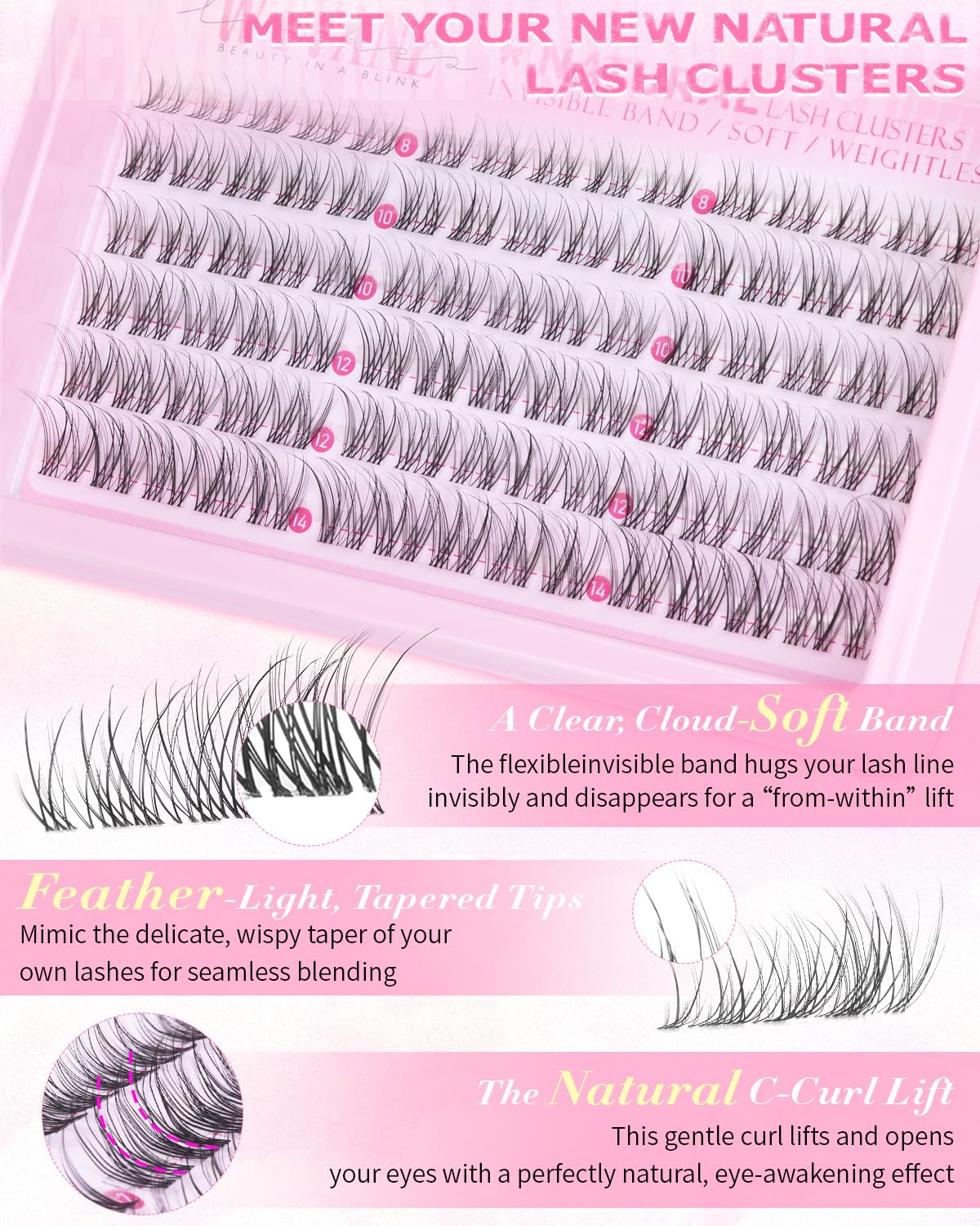 Wtvane Lash Clusters Natural 8-14mm Short Cluster Eyelash Extensions Wispy Eyelash Clusters Clear Band Lashes Clusters Pestañas Postizas Naturales C Curl Individual Lashes Extensions Natural Look