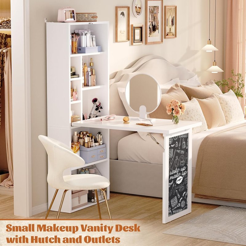Armocity Small Folding Desk - Multi-Function Writing Desk with Outlets | Ideal for Home Office & Craft Room, White