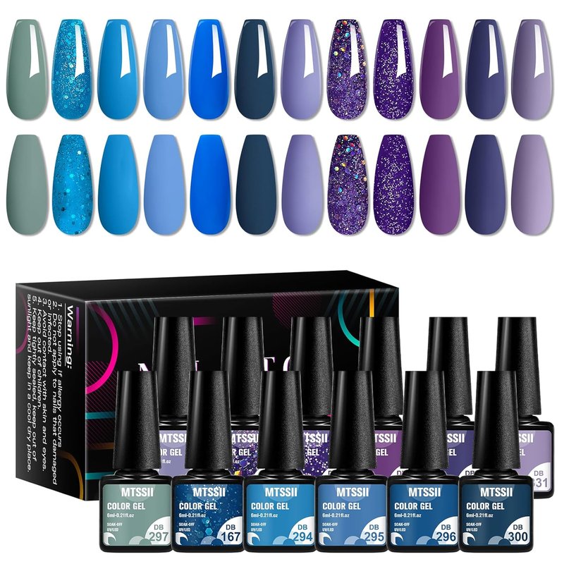 MTSSII Gel Nail Polish Set 12 Colors Blue Purple Gel Polish Kit Baby Blue Lavender Dark Purple Glitter Gel Nail Polish Aquamarine Mermaid Soak off Uv LED Gel Manicure DIY Nail Home