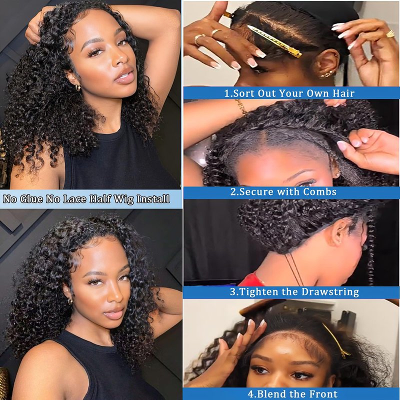 Ding Dian Kinky Curly Half Wig Human Hair 200% Density 3 In 1 Glueless Wear and Go Kinky Curly Wig Human Hair Seamless Flip Over Wig Drawstring Headband Wig Beginner Friendly 16 Inch
