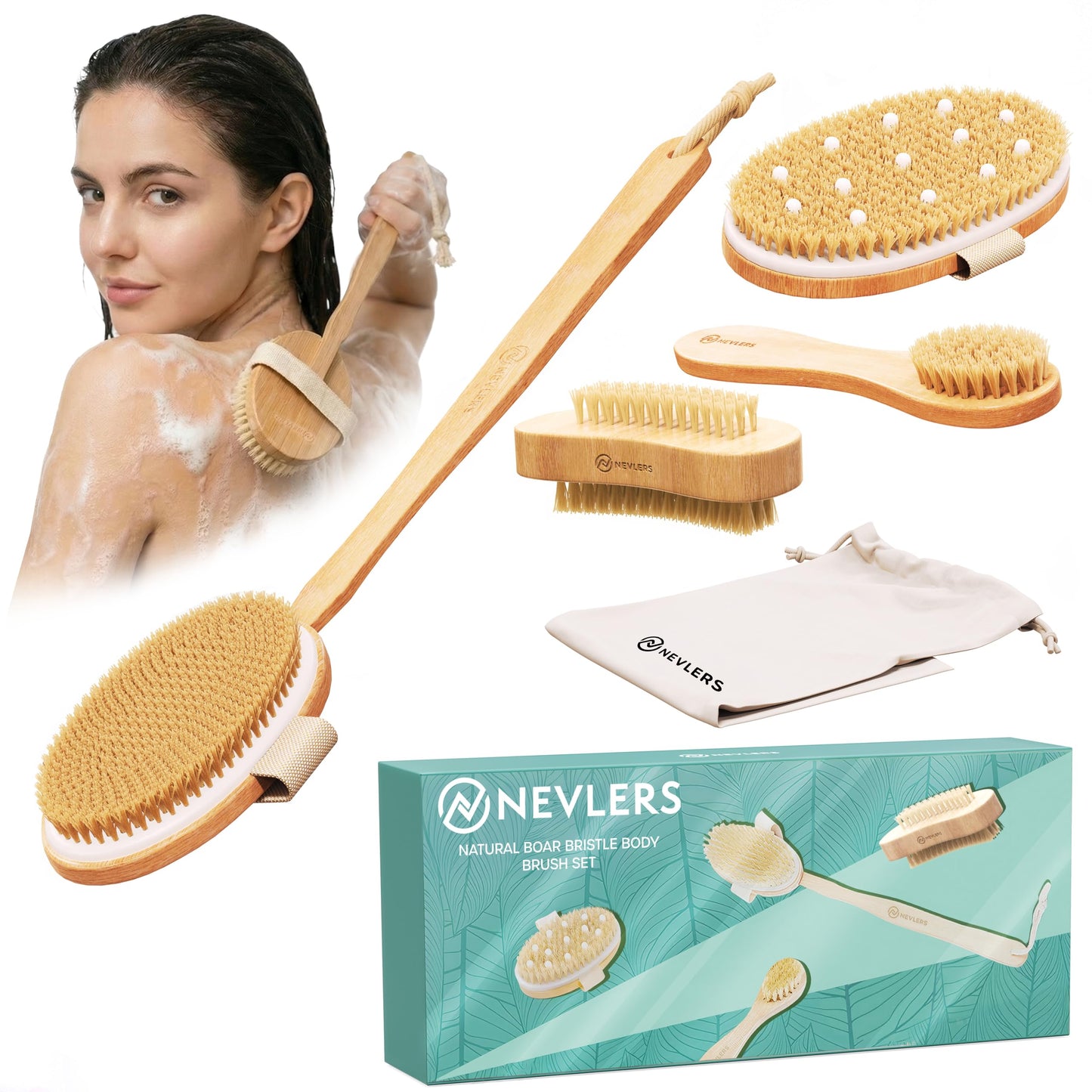 Nevlers Natural Boar Bristle Dry Brush for Body Massage 5-Piece Set