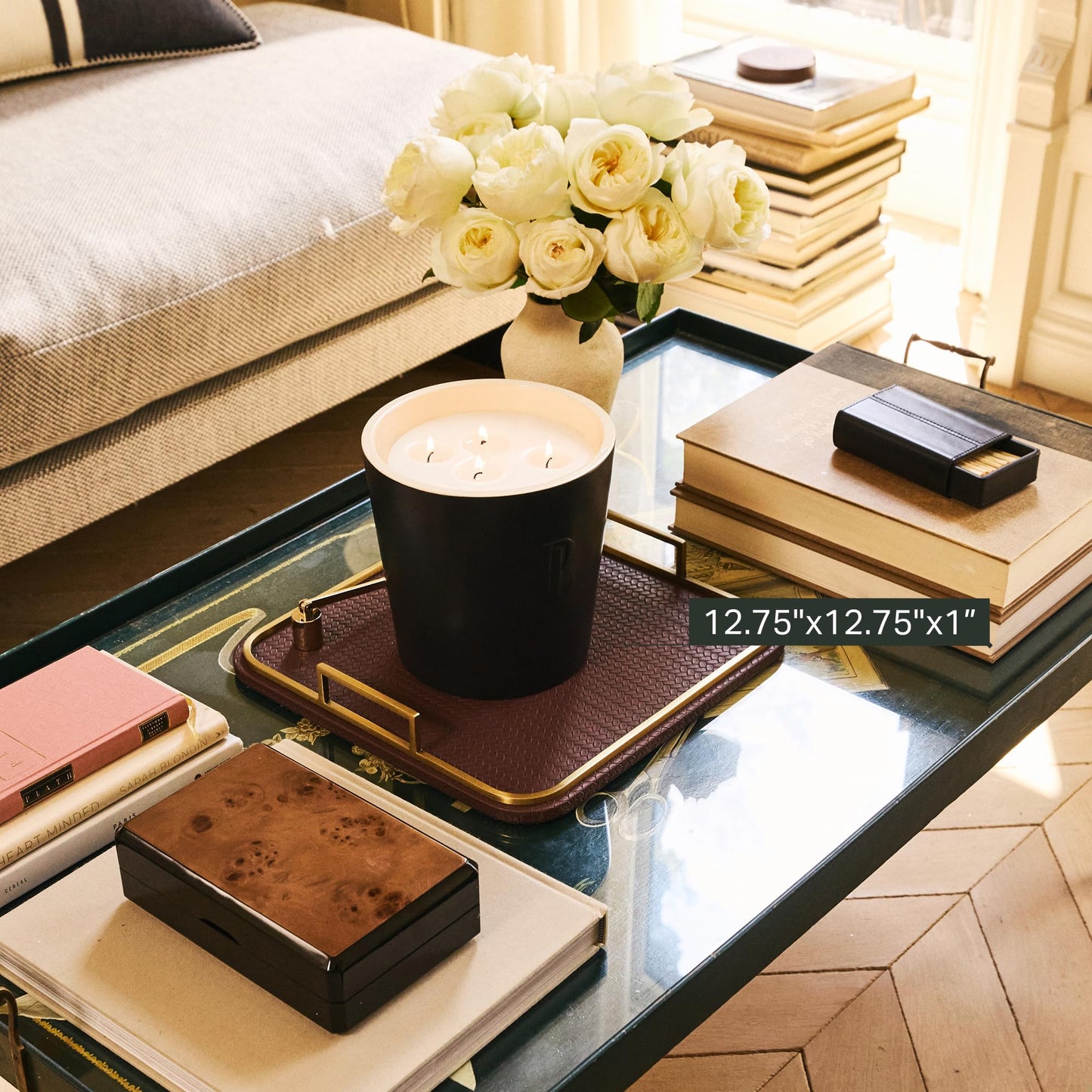 Preston Lane Mayfair Decorative Tray – Vegan Leather with Woven Texture, Brushed Brass Handles – Serving, Dresser & Coffee Table Tray, Espresso 12.8 x 12.8 x 1