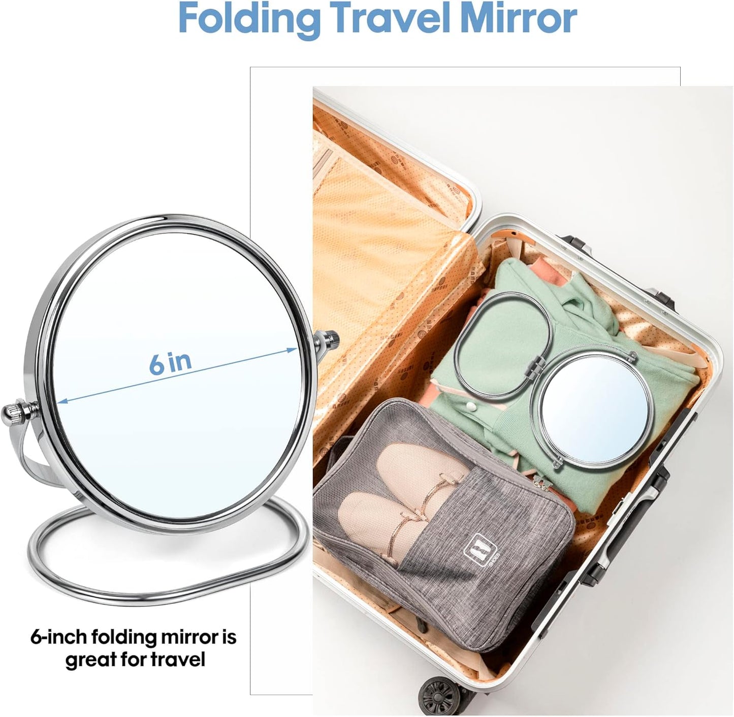 Skiennix Portable Folding Travel Makeup Mirror - 1X/10X Double-Sided 360° Swivel | Handheld & Wall Hanging with Travel Bag
