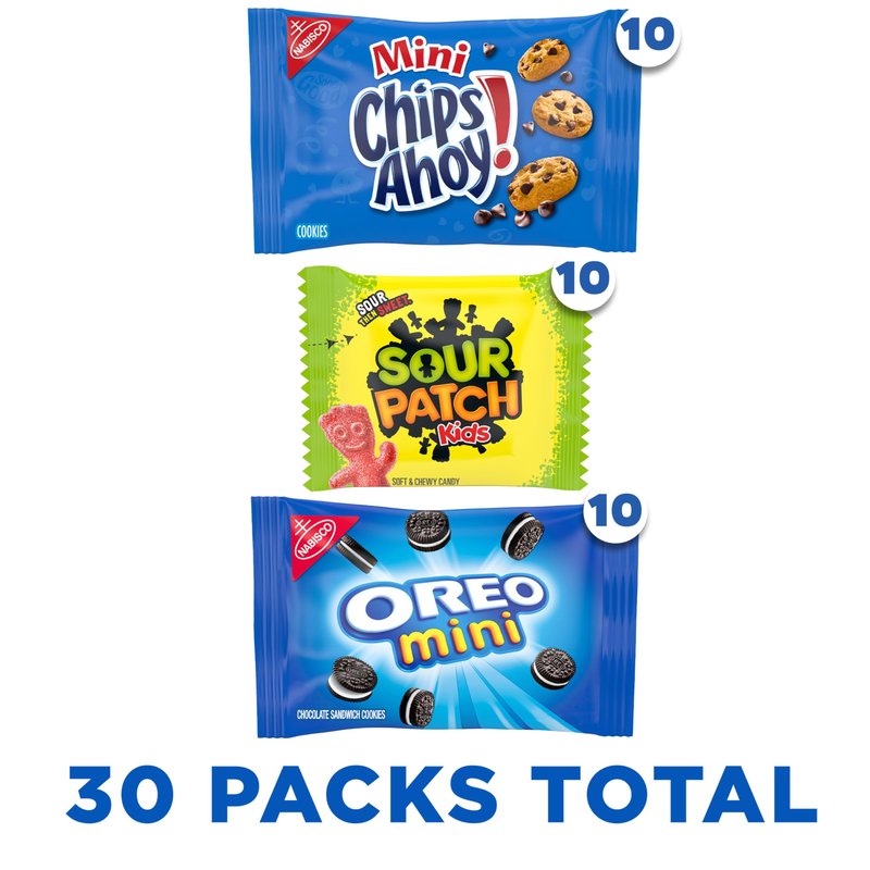 Nabisco Cookies and Candy Variety Pack, SOUR PATCH KIDS Soft & Chewy Gummy Candy, OREO Minis and CHIPS AHOY! Minis Cookies, 30 Snack Packs