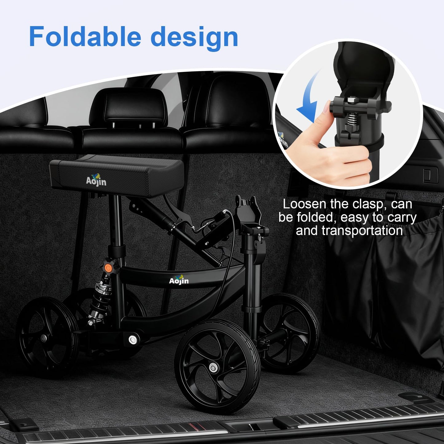 Aojin Knee Scooter for Adults for FootInjuries, 300lbs Capacity, All Terrain Foldable Knee Scooter Walker with Bag, 13" Wide Pu Seat, Compact Crutches Alternative (Black)