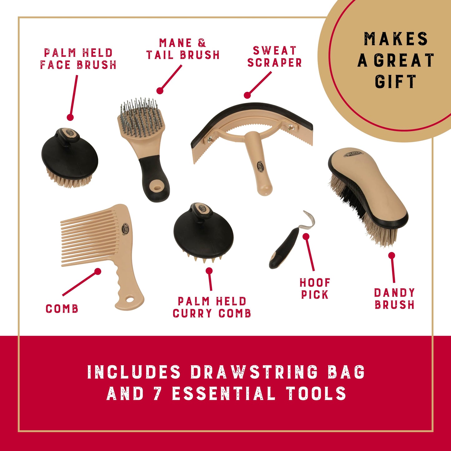 Weaver Equine Horse Grooming Kit, 7-Piece Horse Brush Set with Organizer Tote Bag, Hoof Pick, Comb, Sweat Scraper, Equine Tools for Daily Grooming, Insignia