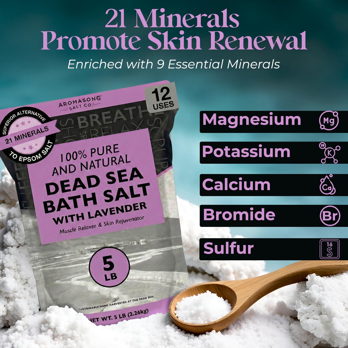 Aromasong Pure Dead Sea Salt for Soaking with 100% Natural Lavender, 5 LB - Spa Bath Salt Fine Grain - Body Wash Scrub - Soak for Women & Men- Bulk Resealable Pack (Packaging May Vary)