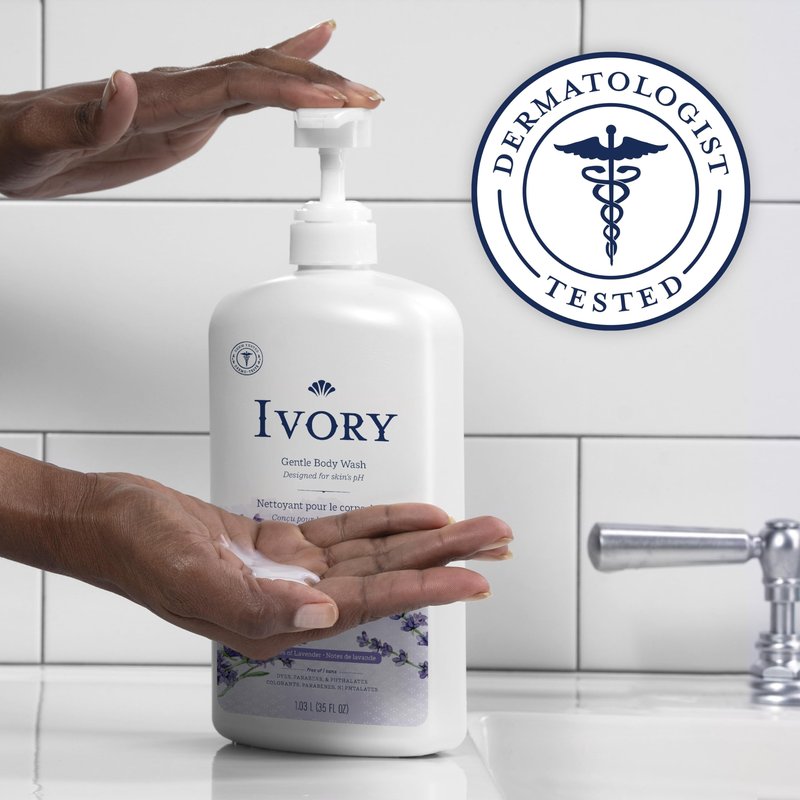 Ivory Body Wash, Designed for the Whole Family, Gentle Formula, Free of Dyes Heavy Perfumes Parabens Phthalates & Silicones, Lavender Scent, 35 oz