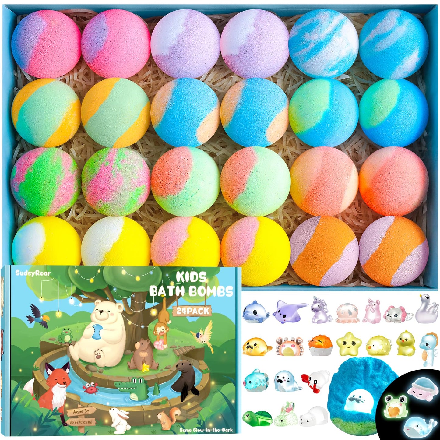 SudsyRoar Bath Bombs for Kids with Surprise Inside – 24 Pack Handmade Bath Bombs with Glow-in-the-Dark Land & Sea Toys, Fizzy Bath Salt Balls, Birthday Party Favors for Boys and Girls