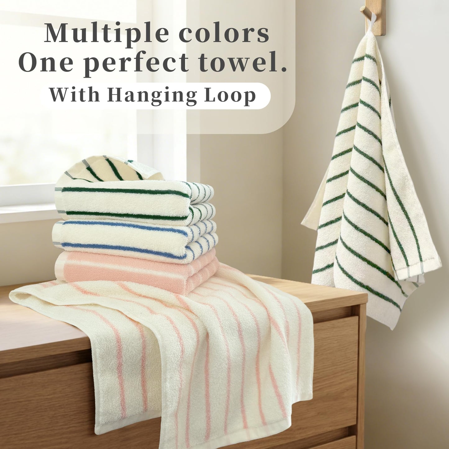 VOOVA & MOVAS Pink Stripe Natural Cotton Hand Towels Set of 2, 13"x29" – Medium Weight 420GSM with Hanging Loop, Bathroom & Kitchen Use, Absorbent | PinkGround Design for Modern Home