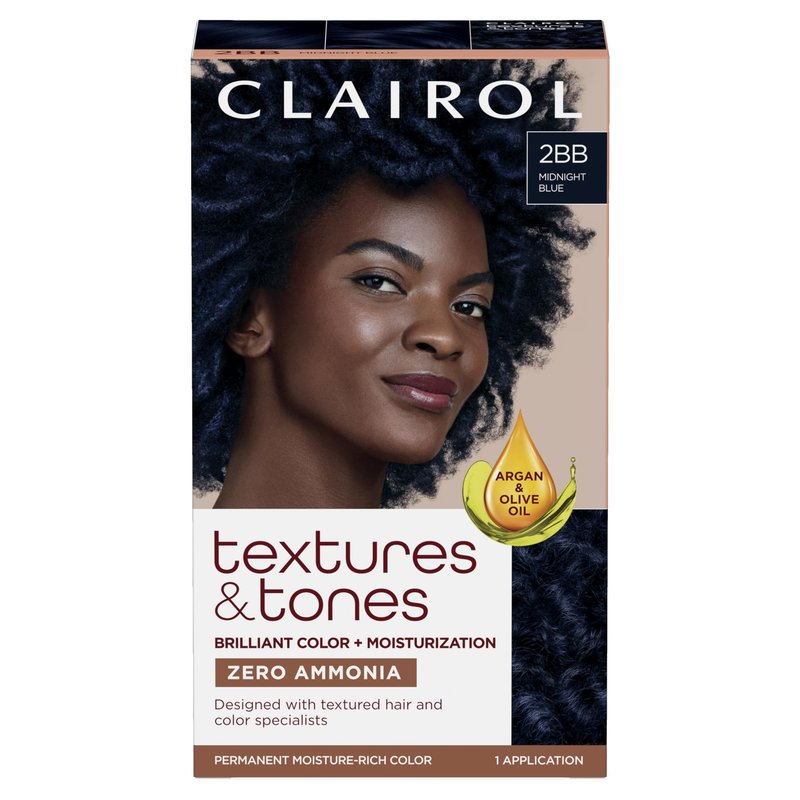 Clairol Textures & Tones Permanent Hair Dye, 2BB Midnight Blue Hair Color | Ammonia-Free | Moisture-Rich Formula with Argan, and Olive Oil for Brilliant Shine | Pack of 1