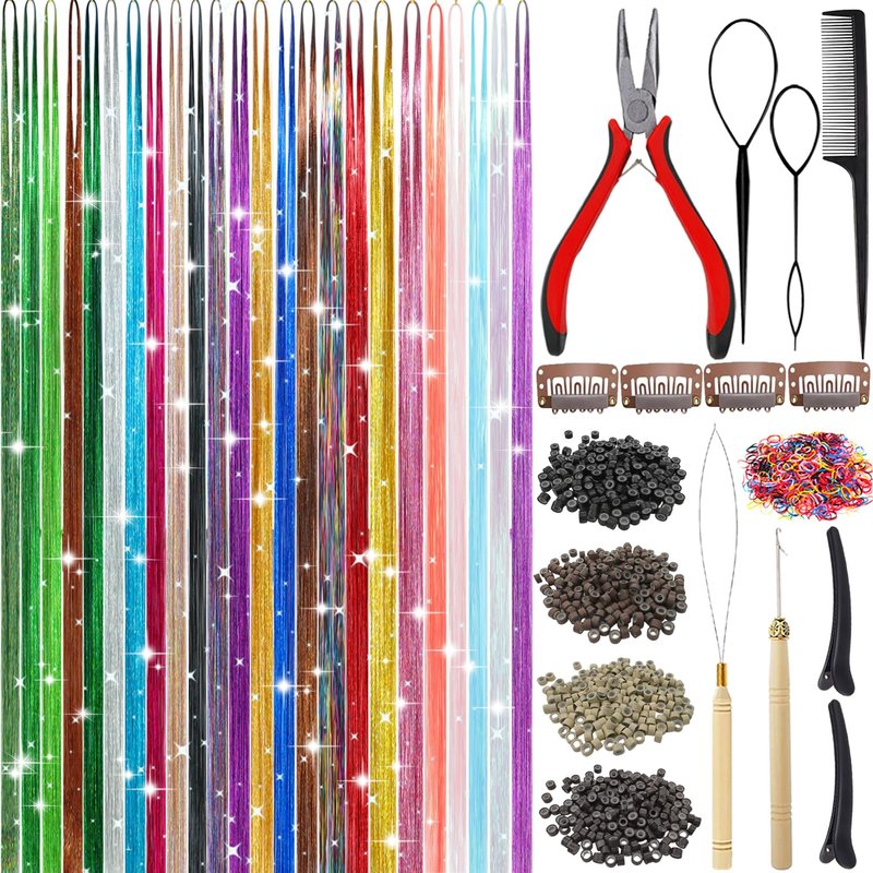 Hair Tinsel Kit - 24 Colors, 9800 Strands, 48 Inch Glitter Hair Extensions | Festive Party Accessories for Women & Girls