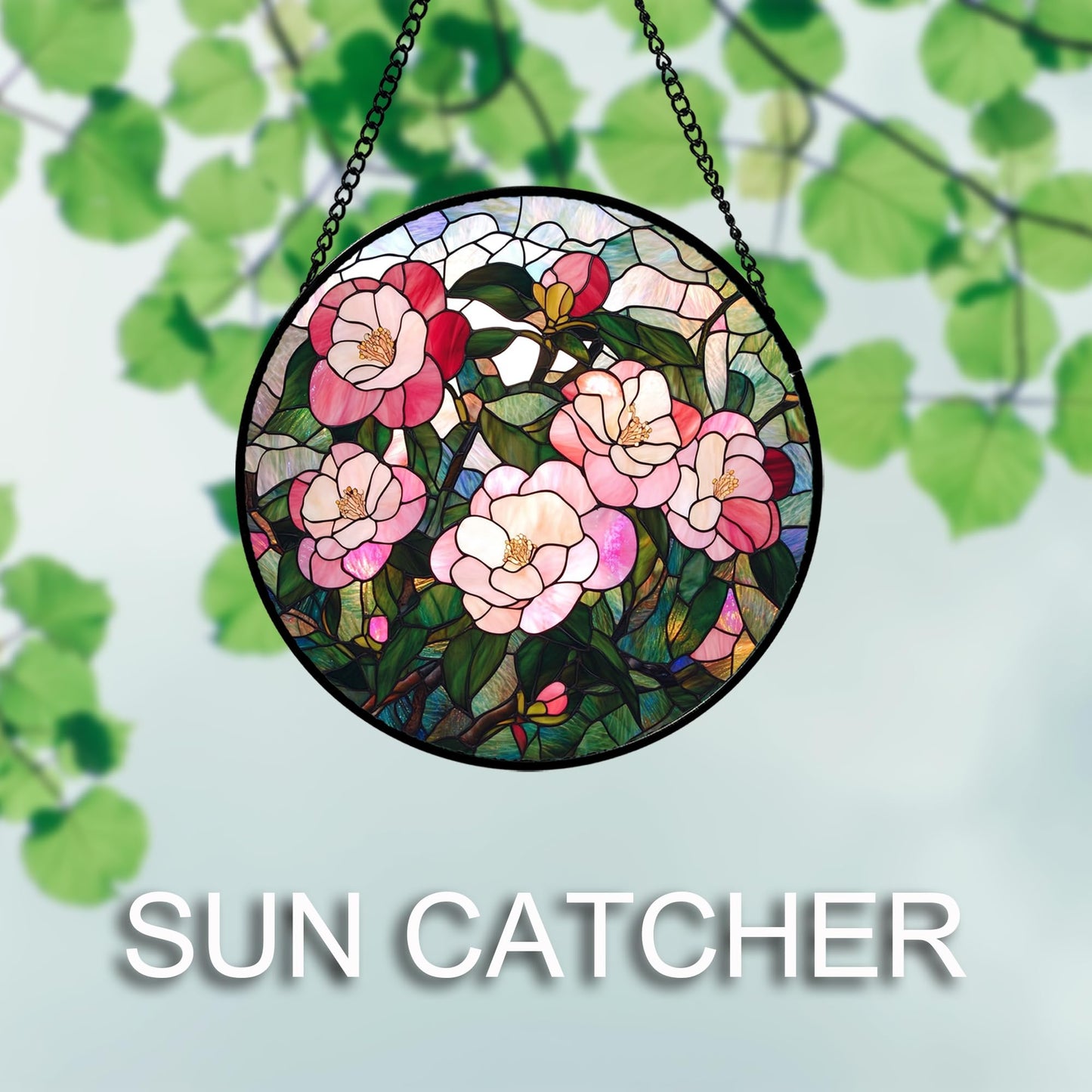 QZQCBLC Stained Glass Window Hanging Pink Rose 7.8" - Green Suncatcher Door Garden Sun Catcher Home Decor Birthday Christmas for Mom Men Woman Nana Wife Friend Plant Lovers