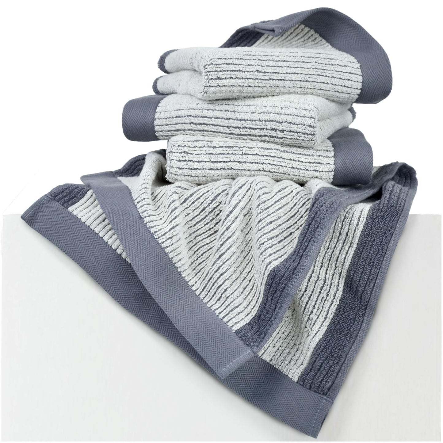 Cleanbear Hand Towels for Bathroom, Ultra-Soft 100% Cotton Hand Towels, 4-Pack (Gray, Green, Navy Blue, Light Brown), 28 x 13 Inches, Jacquard Textured