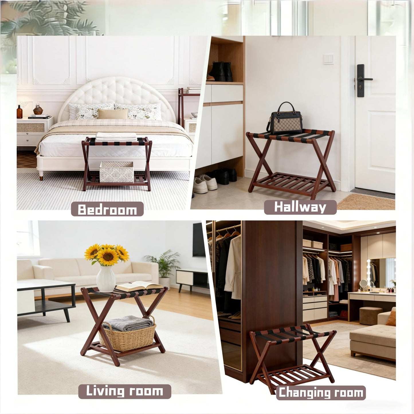WSLUKVII Full Assembled Luggage Rack with 3-Layer Lacquer, Heavy-Duty Up to 150 lbs, Folding Suitcase Stand with Storage Shelf for Home, Guest Room, Bedroom, Hotel