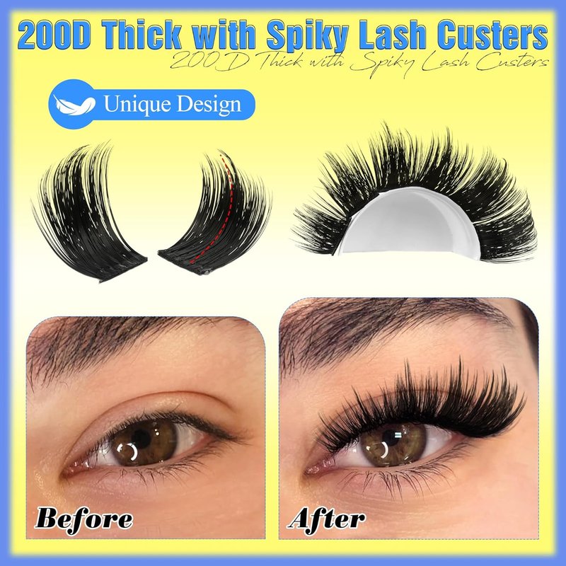 ALICE Wispy Lash Clusters Kit - Thick Volume D-Curl 200D Individual Lashes with Glue for Home Application
