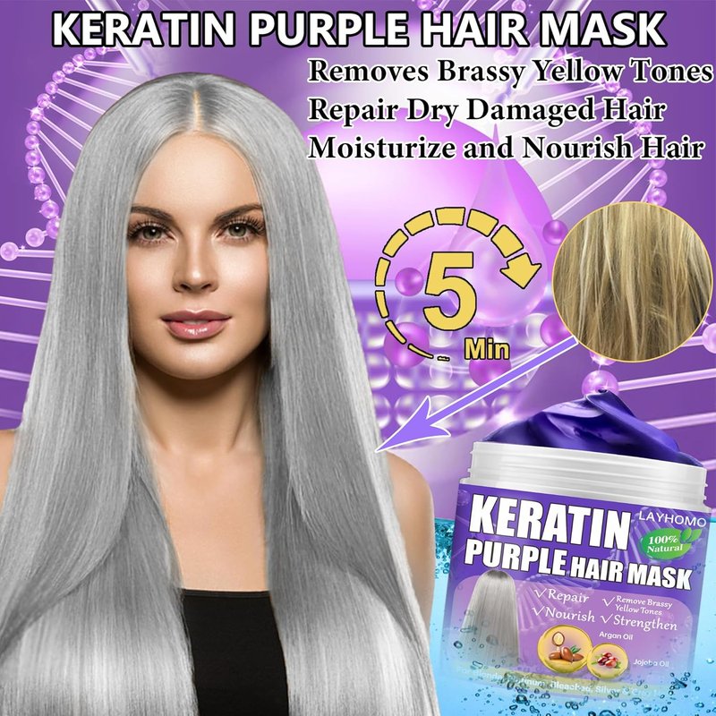 Keratin Hair Treatment - Purple Hair Mask for Blonde & Bleached Hair | Collagen & Biotin Deep Conditioner with Argan & Jojoba Oil