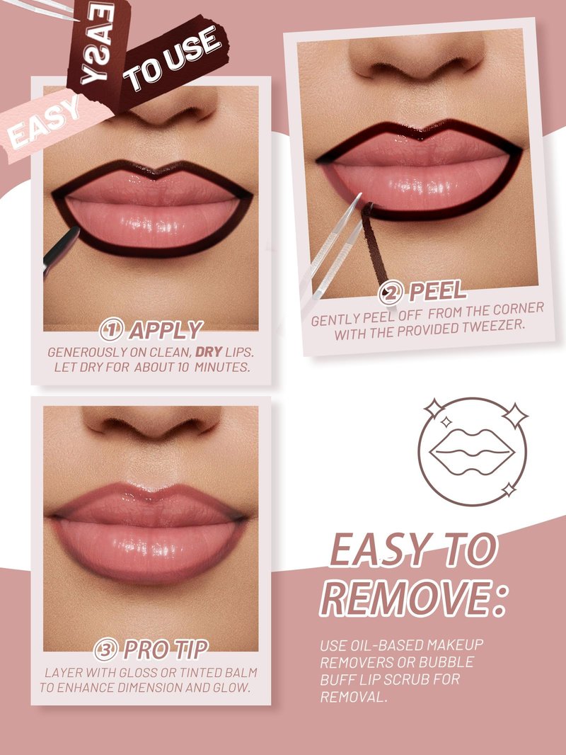 QCMME Lip Stain Peel Off Lip Liner Stain with Tweezer, Long Lasting Matte Lip Tint Tattoo, Highly Pigmented Color Lip Makeup, Waterproof Lipstick, Transfer-proof Lipstain for Women, Cool Rose
