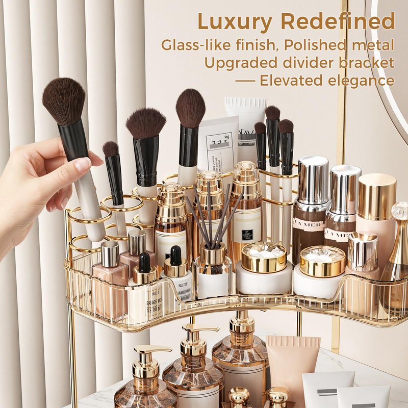 BEFSOP Corner Bathroom Counter Organizer, Upgraded 2-Tier Makeup Organizer Countertop with Makeup Brush Holder, Skincare Exquisite Vanity Organizers Countertop Bathroom Storage Dresser(GOLD)