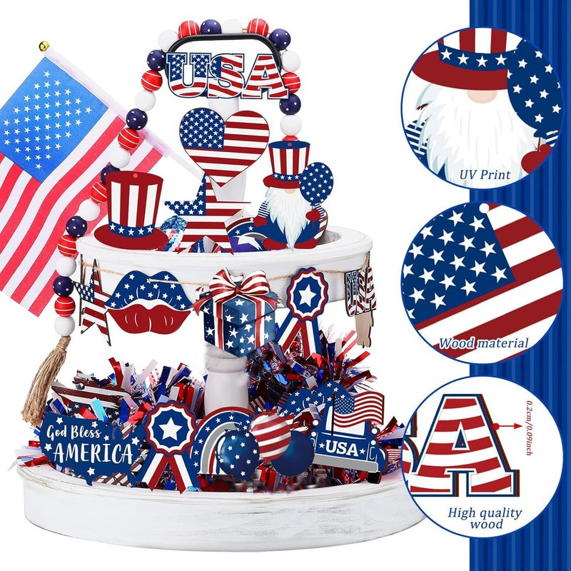 12 Pcs 4th of July Patriotic Hanging Ornaments Red White Blue USA Flag Wooden Decorations Independence Day Gnome Star Heart Car Ornaments for Home Party Tree Decor