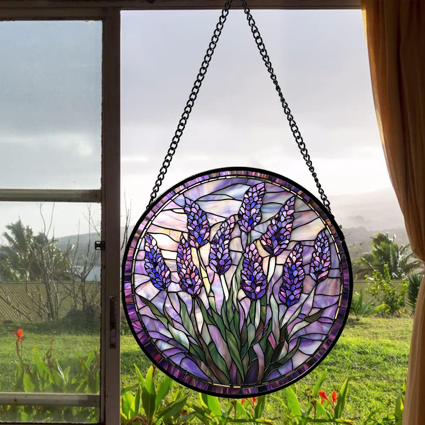 JOSUMALY Stained Glass Window Hanging - Purple Flowers Suncatcher for Door Terrace Garden Home Decor Lavender Plant Floral Sun Catcher Birthday Gifts for Lovers Women Men Dad Mom Nana 7.8 in
