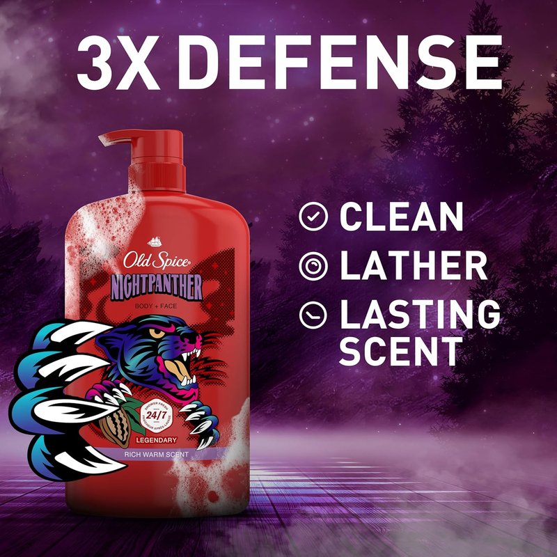 Old Spice Body Wash for Men - 3X Defense, 24/7 Fresh Scent, NightPanther, 33.4 oz