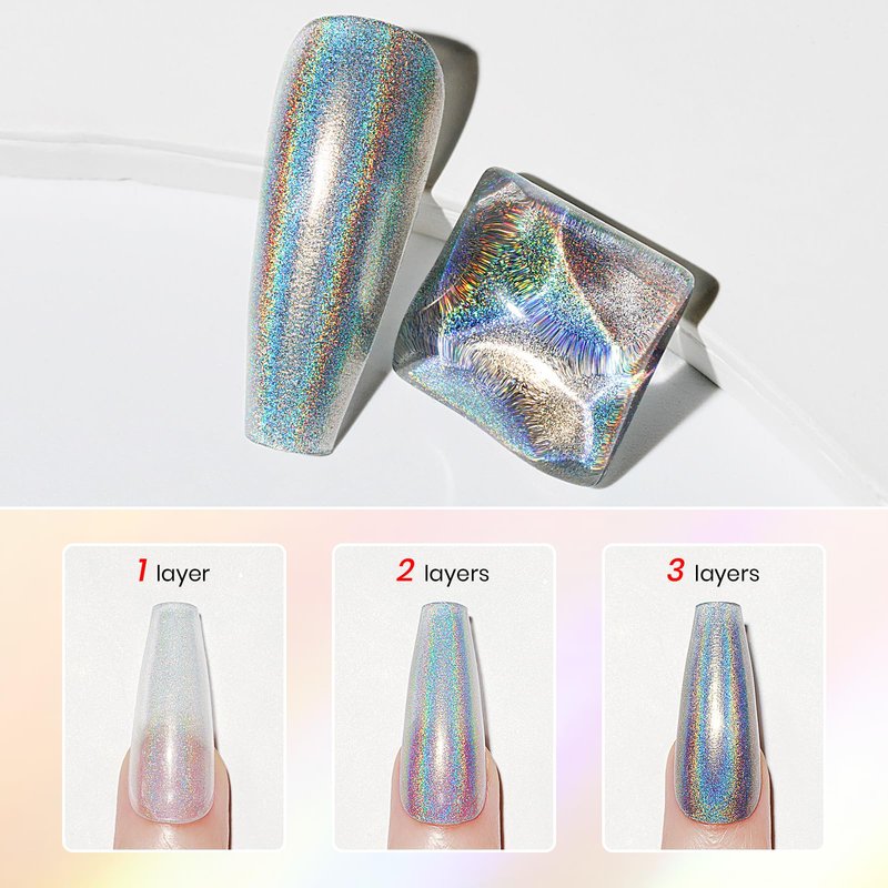 MIZHSE Holographic Nail Polish, Silver Glitter Nail Polish Air Dry Fast, 15 ml 0.5 fl oz High Glossy Shiny Nail Pigment Oil-based Laser Iridescent Nail Lacquer Chrome Halo Nail Art Salon Manicure Home
