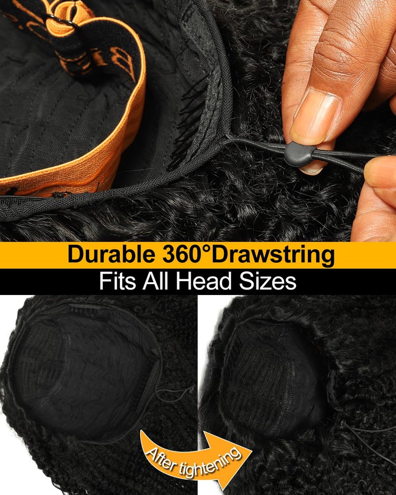 Jet Black Kinky Curly Half Wig - 200% Density Glueless Drawstring | 20 Inch for Black Women
