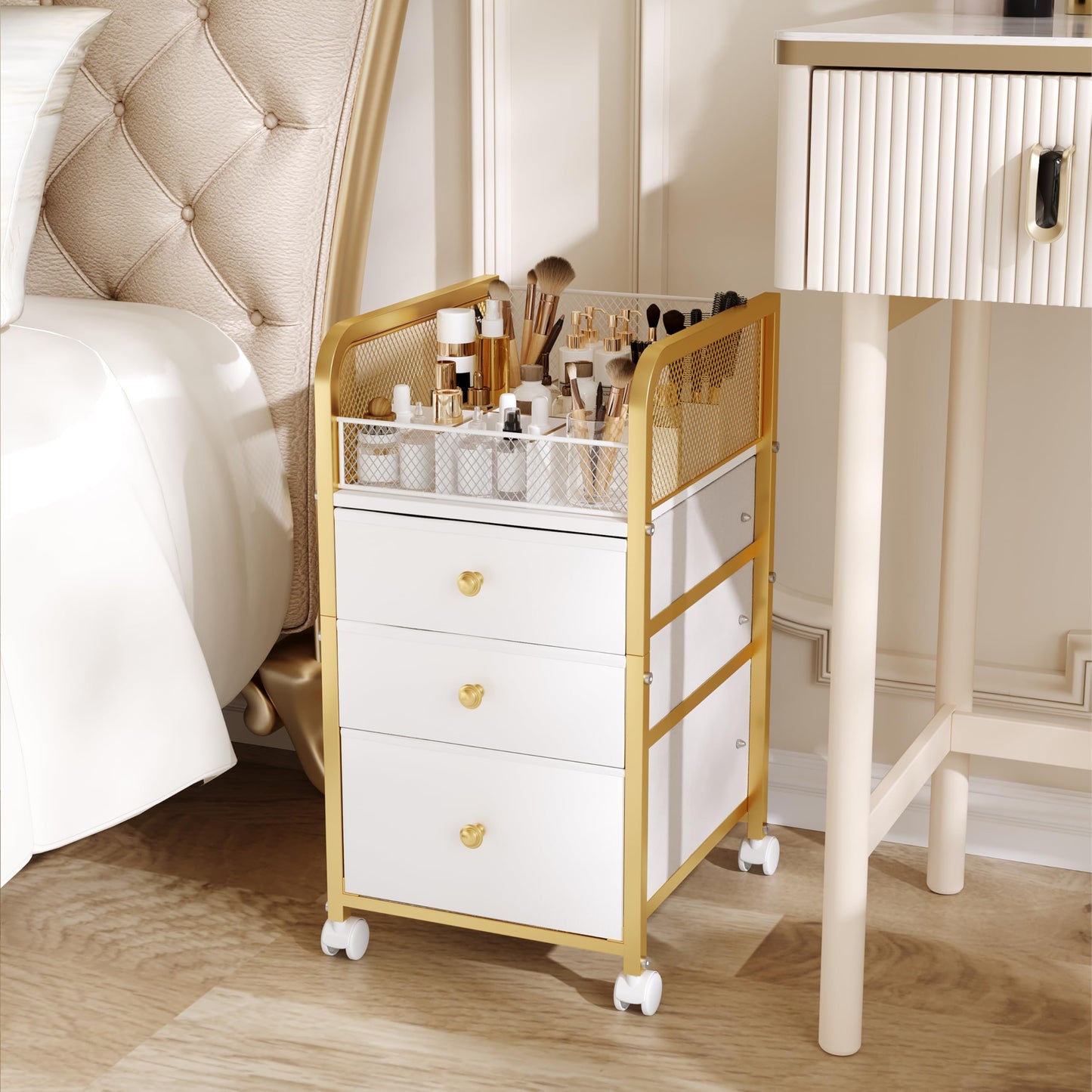 ZQUYAJ Rolling Makeup Organizer Cart with 3 Drawers, Under Desk Vanity Makeup Storage Cart, Bathroom Storage Cart Cosmetic Display Cases Cabinet for Nail Polish, Brushes & Hair Tools, Gold