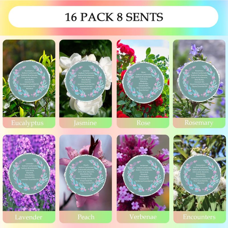 16 Pack Shower Steamers Aromatherapy - Natural Essential Oil Shower Bombs for Relaxation, Stress Relief & Self Care, Gift for Women & Men (8 Scents, 2 Each)