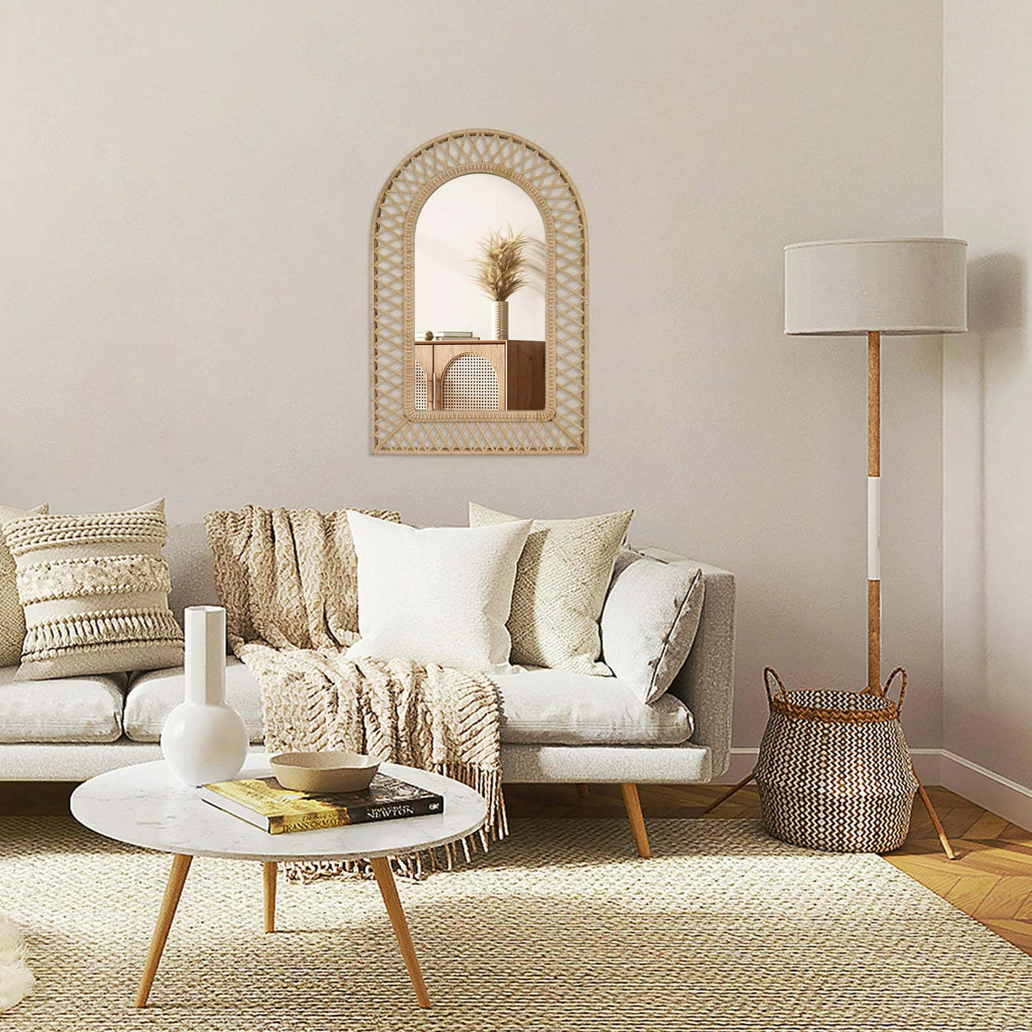 Synovana Arched Rattan Wall Mirror – 24x36 Inch Boho Elegance with Woven Frame, Decorative Mirror for Bathroom Vanity Entryway Living Room