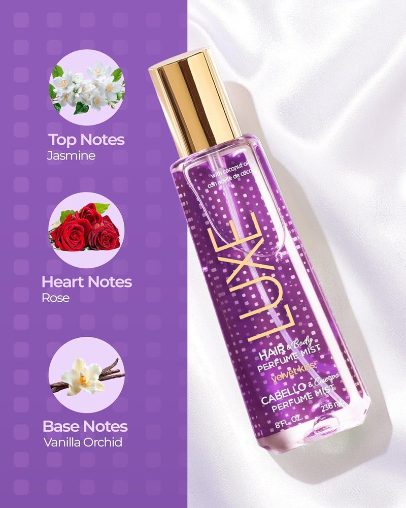 Luxe Perfumery Velvet Kiss Hair & Body Perfume Mist - Floral Vanilla & Jasmine Hydrating Spray, 8 Fl Oz
