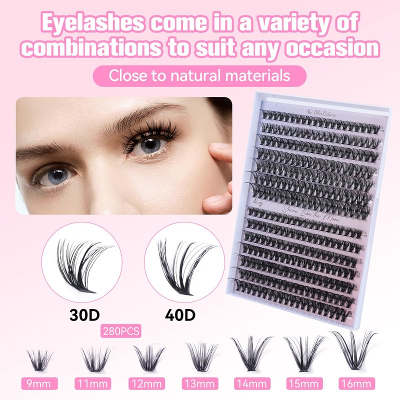 BlinLaLune DIY Lash Extension Kit Eyelash Clusters 9-16mm,280PCS Individual Lashes Kit Perfect for At-Home Use, Beginner-Friendly with Bond Seal Remover and Tweezers (Black, 30D&40D9-16MM NM01)