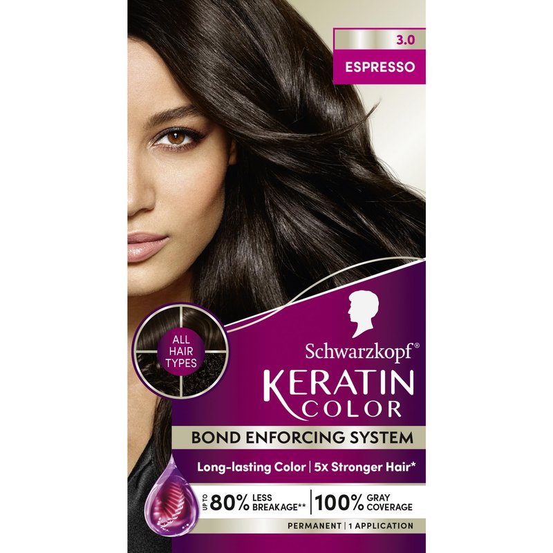 Schwarzkopf Keratin Permanent Hair Dye Cream, 3.0 Espresso, Professional Quality Color for Up to 100% Gray Coverage, Bond Enforcing System