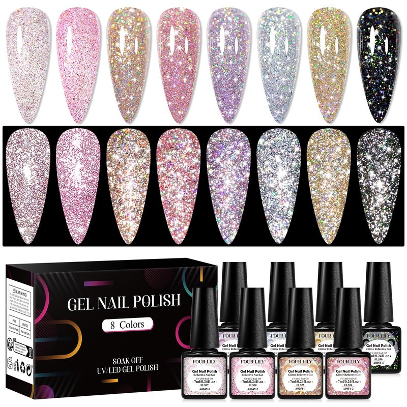 Four Lily Reflective Glitter Gel Nail Polish Set of 8 Colors Pink Red Black Silver Shimmer Sparkle Gel Polish Collection Kit LED Soak Off Nail Polish Manicure Art Gel Kit Home DIY Nail Salon