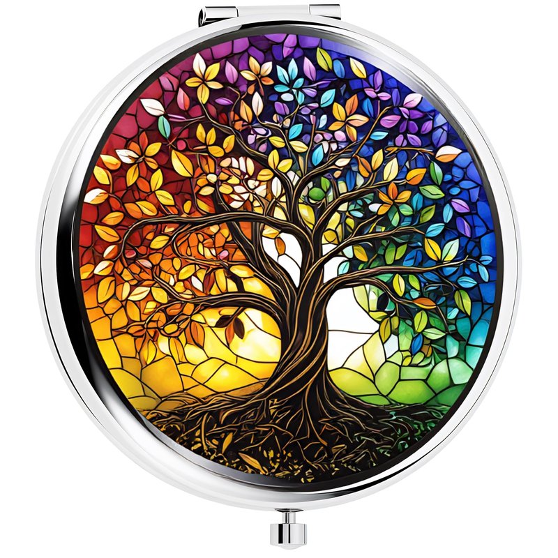 Silver Compact Mirror, 2.8x2.8inch Double-Sided Folding Makeup Mirror with Rainbow Tree of Life Design, Ideal Gift for Women