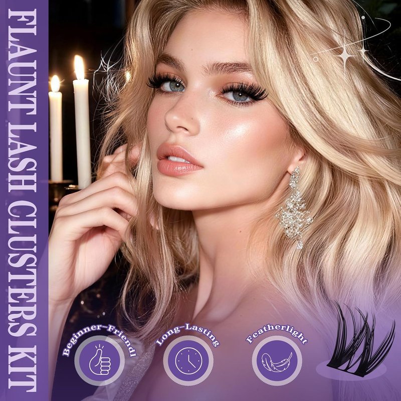 Flaunt Lash Clusters Kit - D-Curl Flora Eyelash Extensions | 8-18mm Wet Look Wispy Clusters for Medium Drama