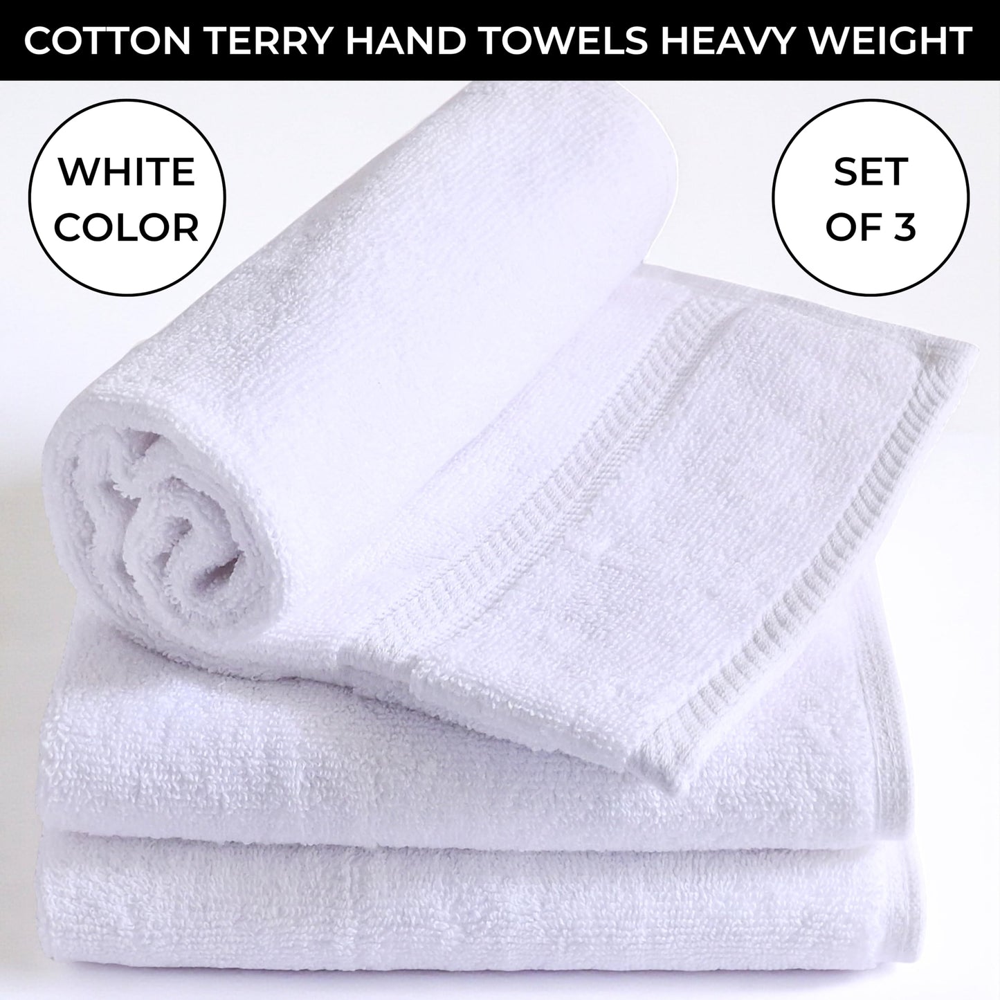 White 100% Cotton Bath Hand Towels for Bathroom - Thick Luxury Soft Plush Fluffy Bulk Hotel Towels 3 Pack - Toallas De Mano para Baño - Size 16"X29" Medium Large Size Face Spa Handtowels Towles