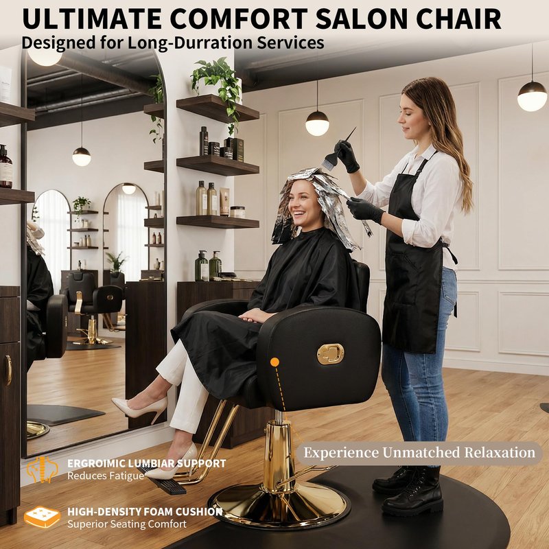 Baasha Black & Gold Reclining Salon Chair - All Purpose Hydraulic Barber Chair with Removable Headrest - Comfortable Styling Chair for Makeup, Lash, Tattoo, Braiding & Shaving, 440 lbs Cap.