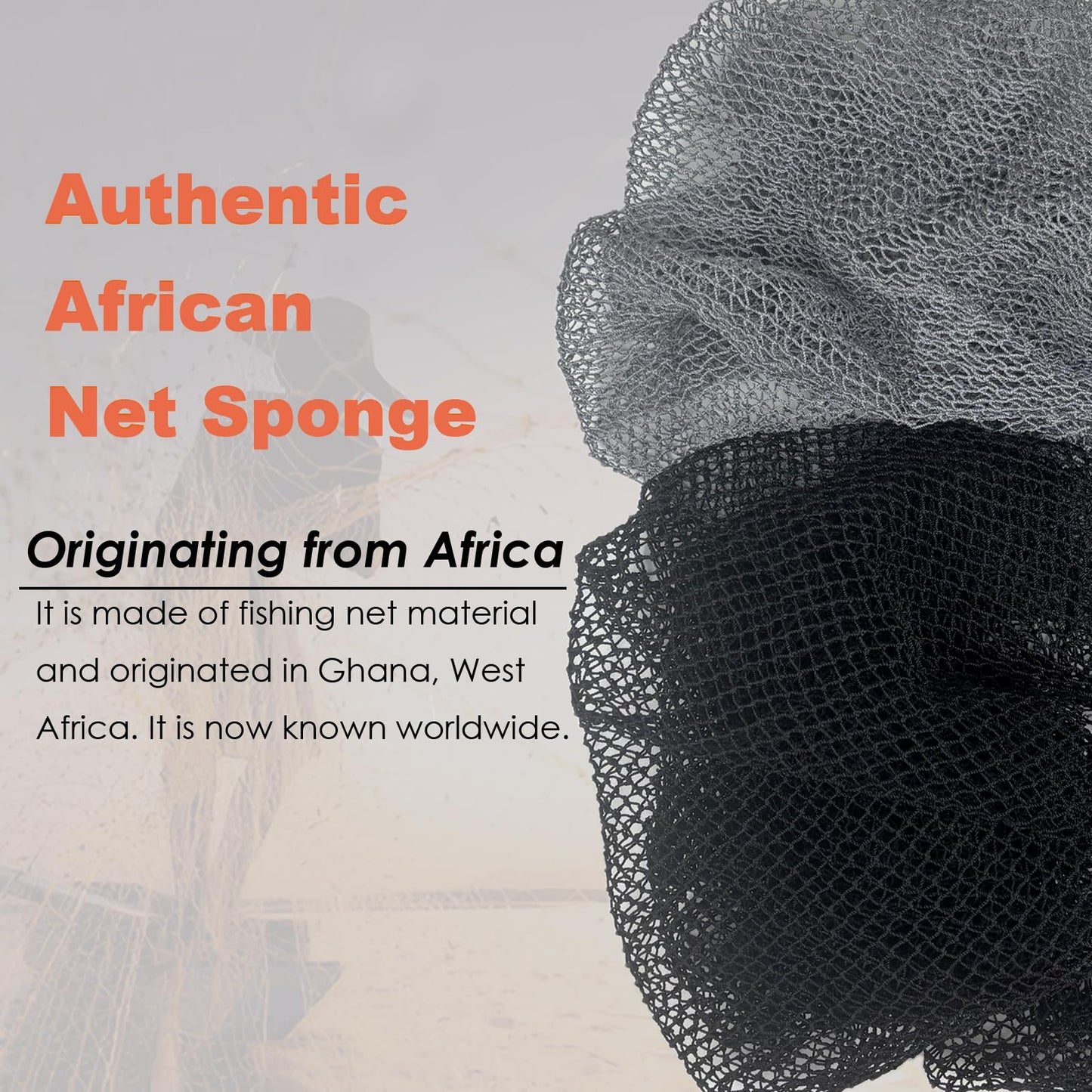 African Net Sponge Authentic African Exfoliating Net Sponge with Knots Afro Body Scrub Back Scrubber Africa Wash Net Cloth Real Sapo Bath Sponge for Shower (Gray & Black)
