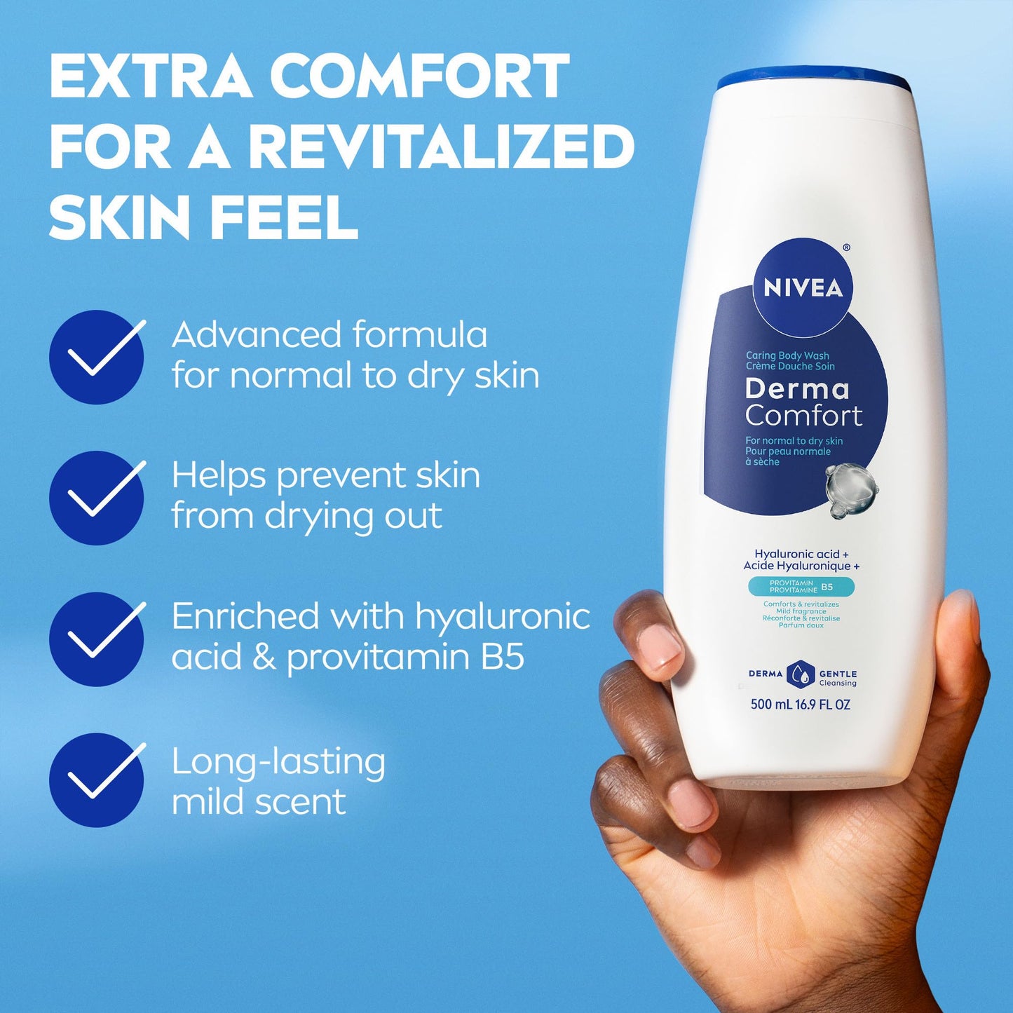NIVEA Derma Comfort Caring Body Wash for Normal to Dry Skin, Body Wash with Hyaluronic Acid and Provitamin B5, 16.9 Fl Oz Bottle, Pack of 3