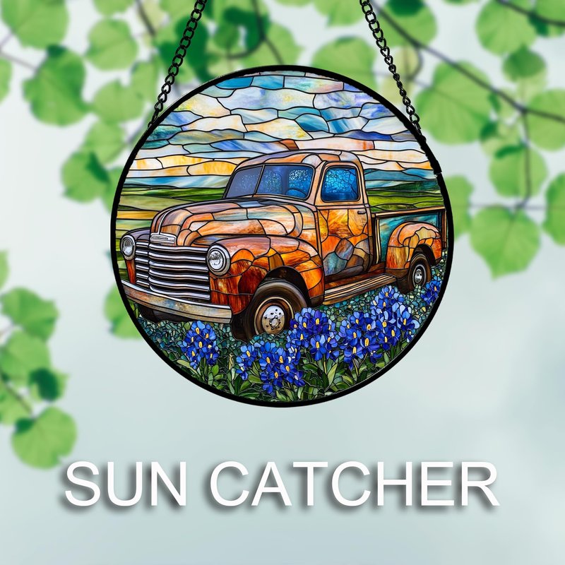 QZQCBLC Stained Glass Window Hanging Retro Truck Blue Flower View 6.3" - Suncatcher Door Garden Kitchen Sun Catcher Home Decor Birthday Christmas for Mom Woman Wife Men Nana