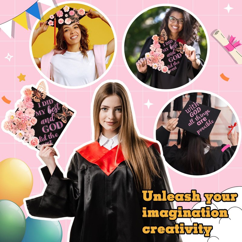 Feifeiya 36 Pcs DIY 2026 Graduation Cap Decorations Accessory Kit Include Faux Flower Heads Graduation Quotes Glitter Stickers 3D Butterfly for Grad Cap Topper DIY Gift(Pink,Inspirational)