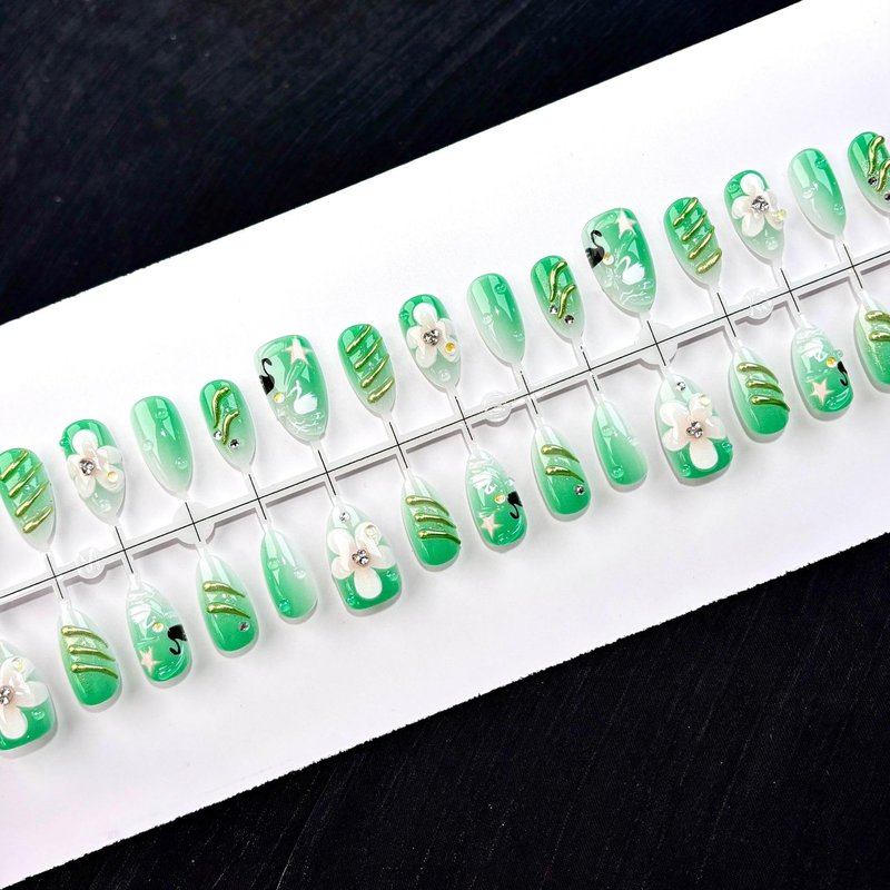 Green Ombre Press on Nails with 3D Flower & Swan Design, Glossy Almond Fake Nails with Rhinestones, Cute Glue on Nails for Spring & Women, 30 Pcs